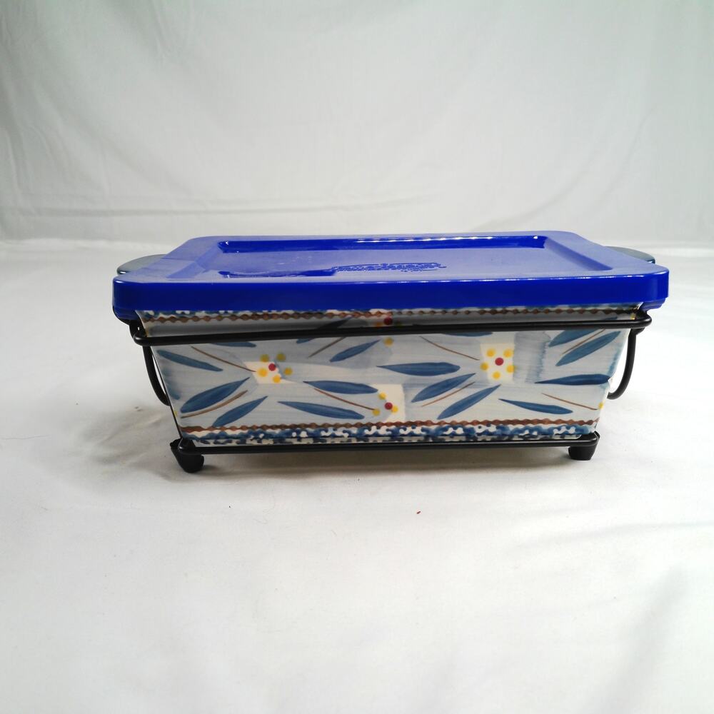Temp-tations Old World 1.5 Qt Loaf Baker Dish w Lid & Wire Rack Blue Floral